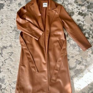 Tan long camel faux leather Zara coat